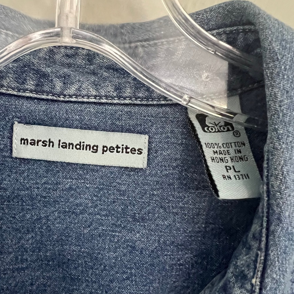 Marsh Landing Petites Denim Shirt Medium Wash Blue 3/4 Sleeve Snap Front PL